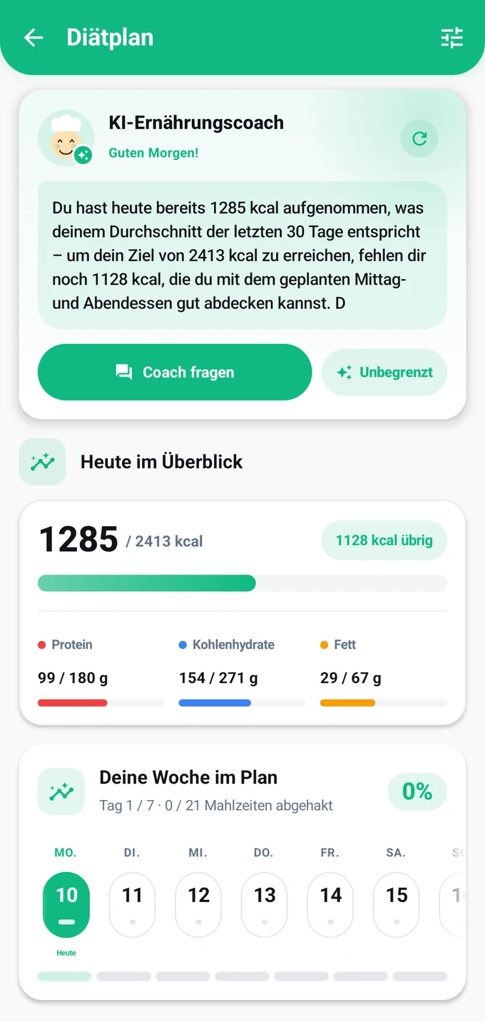 FitDex-Diätplan-Bildschirm: KI-Diätcoach, Übersicht des Tages und Wochenkalender zur Einhaltung