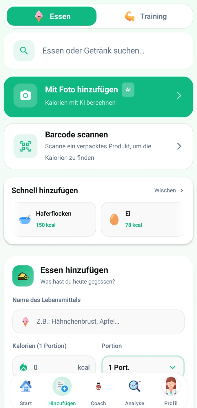 FitDex-Bildschirm zum Hinzufügen: per Foto hinzufügen, Barcode scannen und schnell hinzufügen