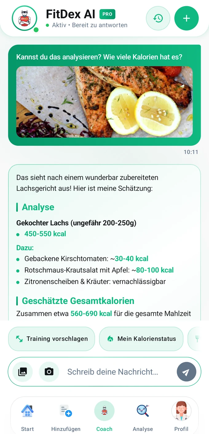 FitDex-Coach-Chat: das gesendete Essensfoto und die geschätzten Kalorien- und Makrowerte, die der Coach geschrieben hat