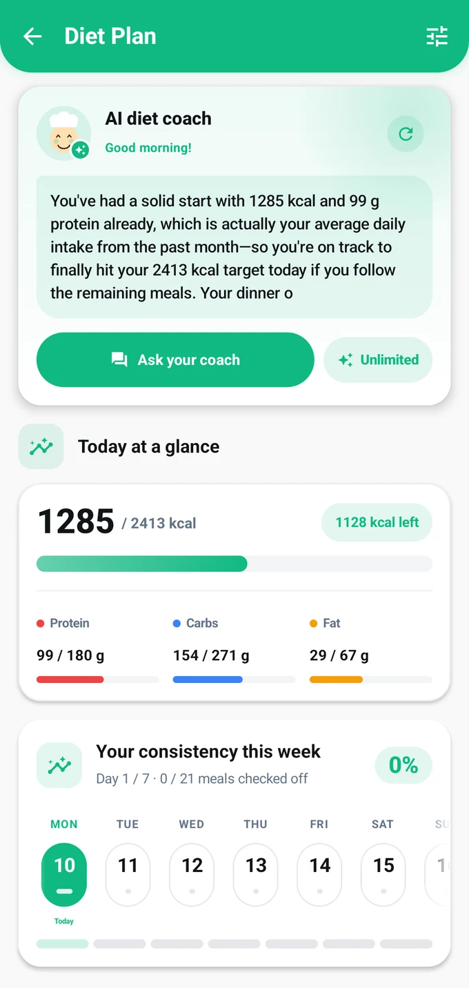 FitDex diet plan screen: AI diet coach, the day's summary and the weekly adherence calendar