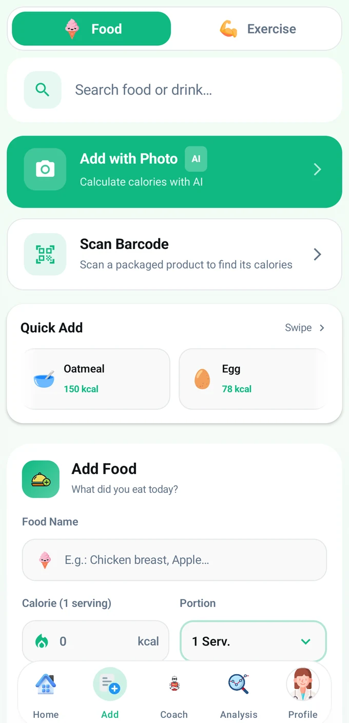 FitDex add screen: add by photo, scan barcode and quick add options