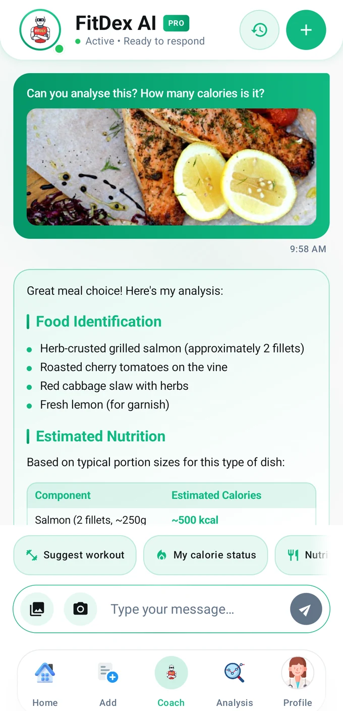 FitDex coach chat: a meal photo sent into the chat and the estimated calories and macros the coach wrote back