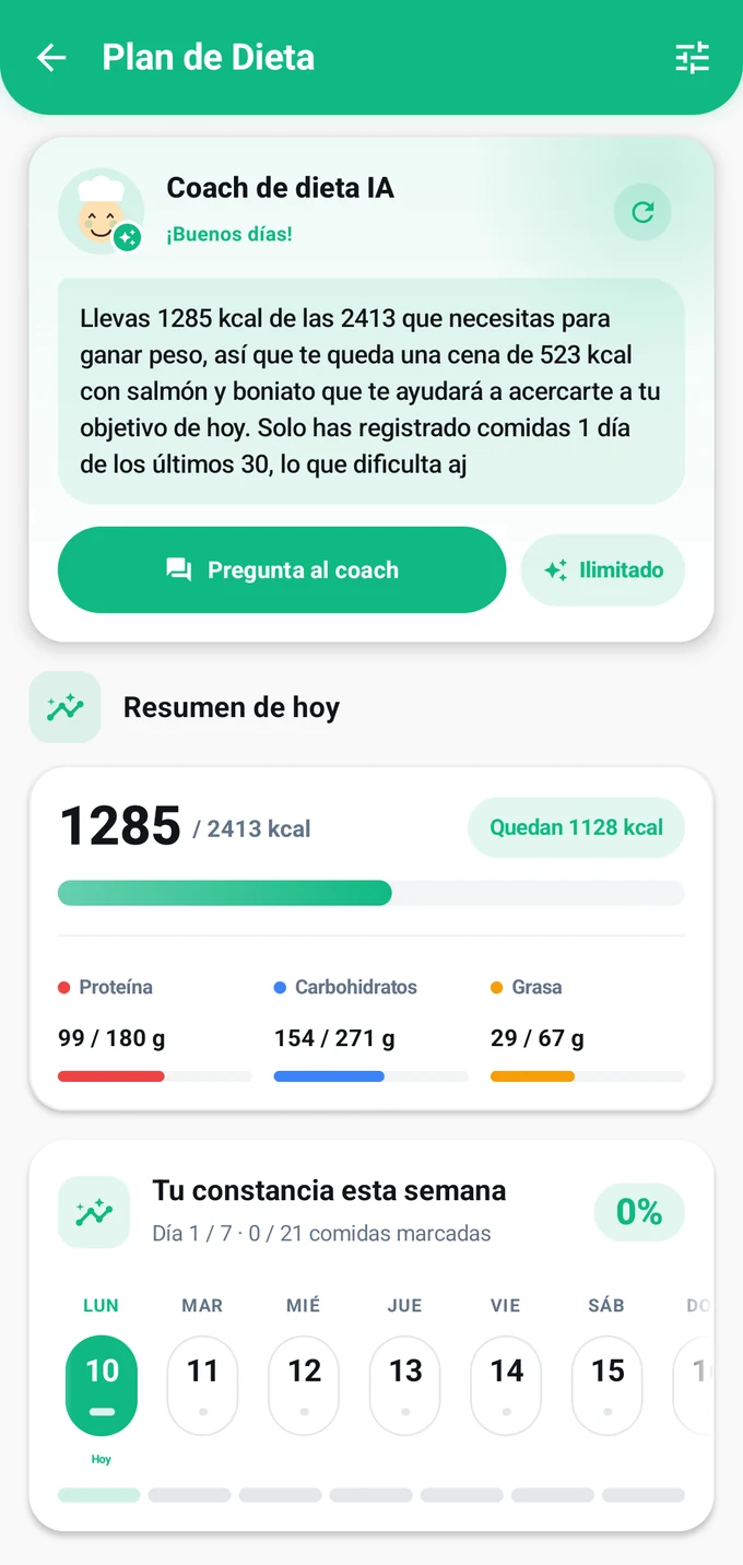 Pantalla del plan de dieta de FitDex: coach de dieta con IA, resumen del día y calendario semanal de seguimiento