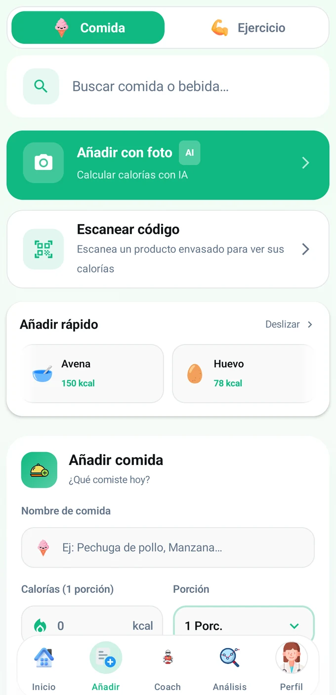 Pantalla de añadir de FitDex: opciones de añadir con foto, escanear código de barras y añadir rápido