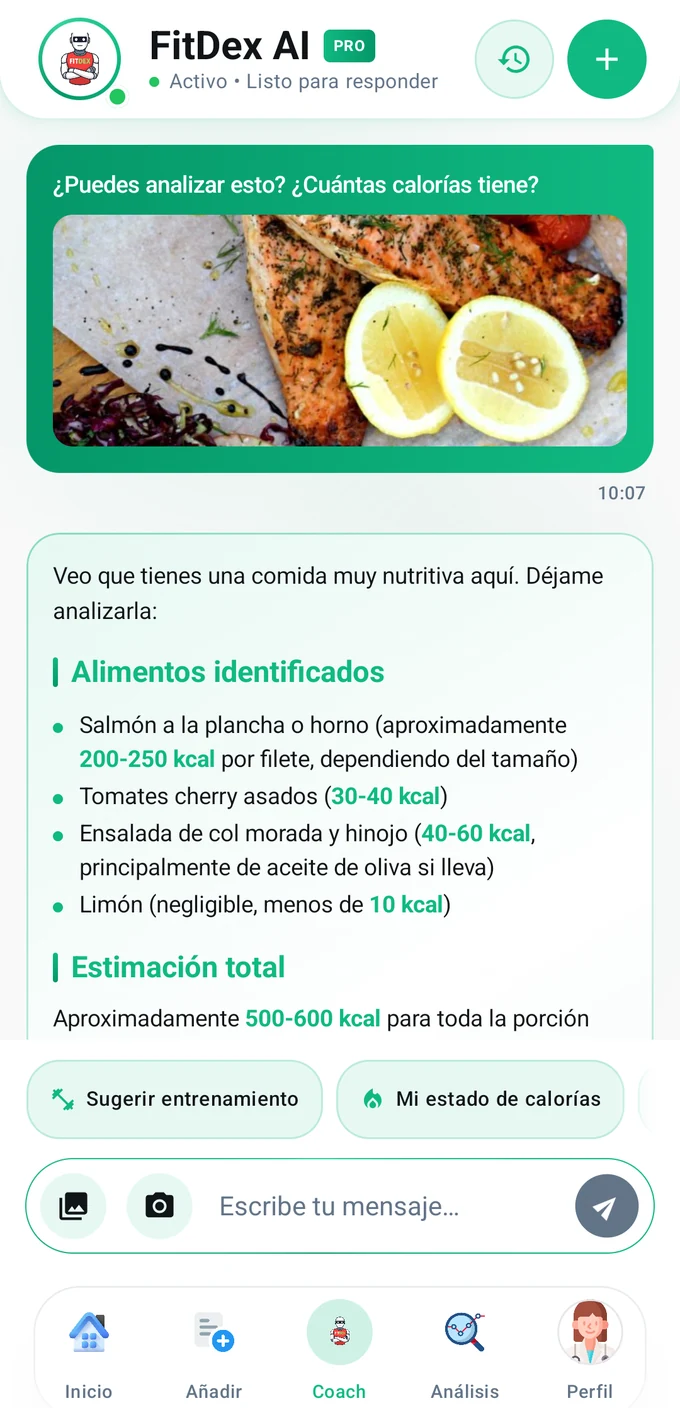 Chat del coach de FitDex: la foto de comida enviada y las calorías y macros estimados que ha escrito el coach