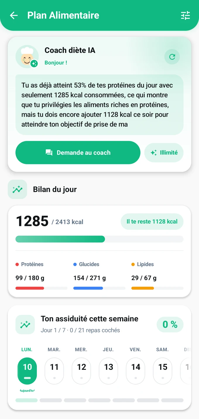 Écran du plan alimentaire de FitDex : coach diététique IA, résumé du jour et calendrier de suivi hebdomadaire