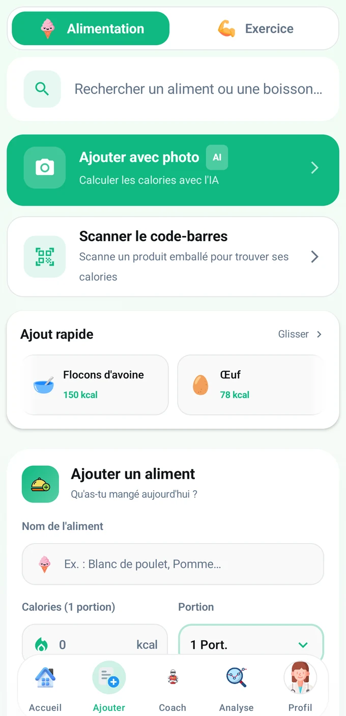 Écran d’ajout de FitDex : ajouter par photo, scanner un code-barres et ajout rapide