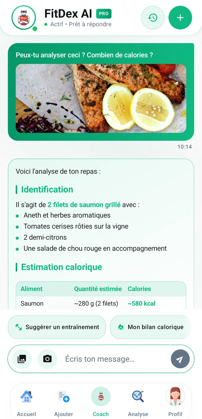 Conversation avec le coach FitDex : la photo de repas envoyée et les calories et macros estimées écrites par le coach