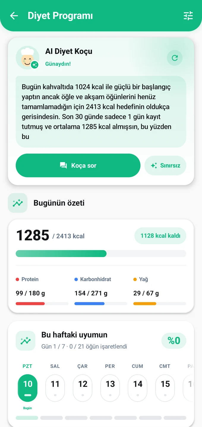 FitDex diyet programı ekranı: AI diyet koçu, günün özeti ve haftalık uyum takvimi
