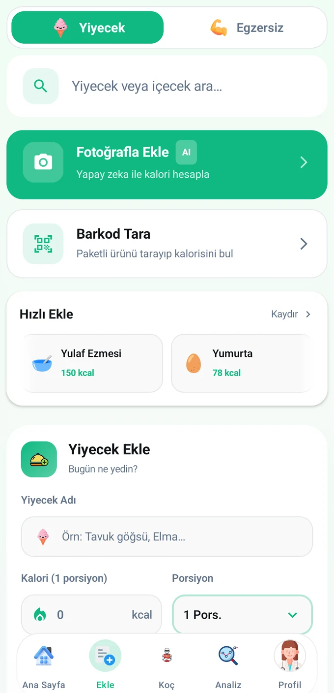 FitDex ekleme ekranı: fotoğrafla ekle, barkod tara ve hızlı ekle seçenekleri